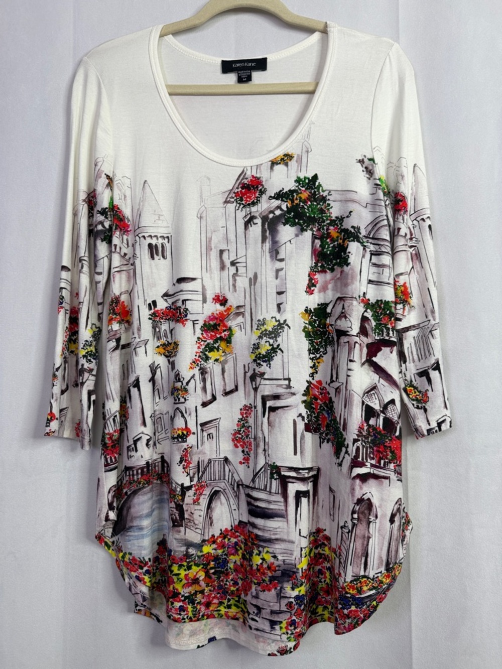 Karen Kane White Venice Scenic Floral Print Scoop-Neck Tunic Top